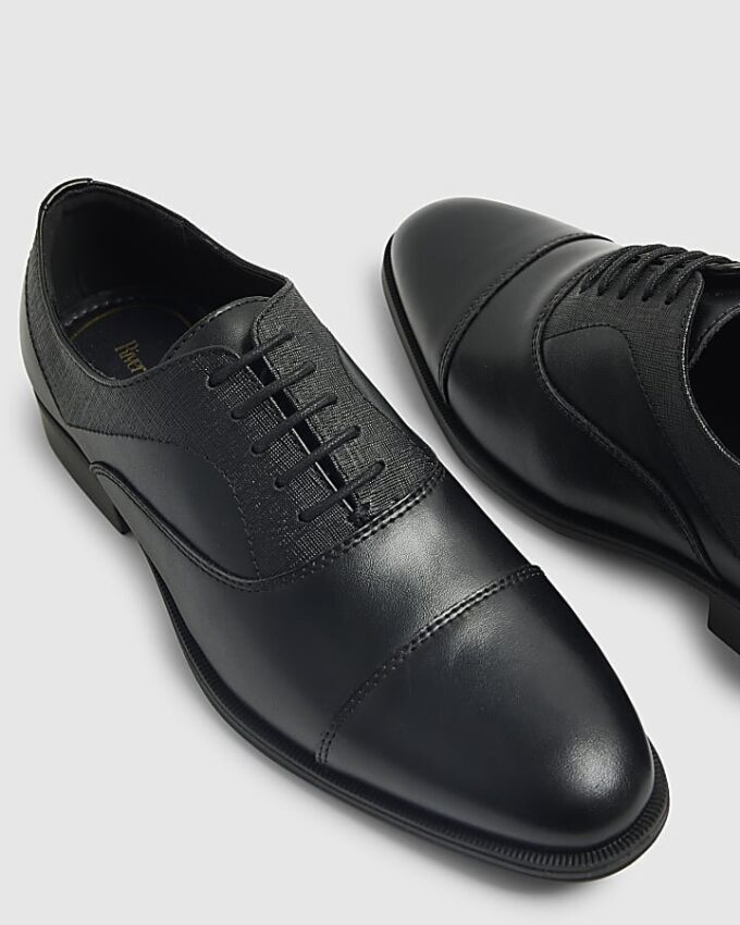 Black Faux Leather Textured Lace Up Shoes