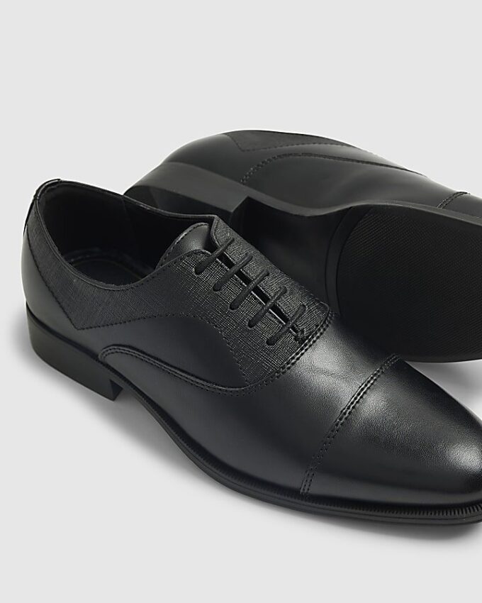 Black Faux Leather Textured Lace Up Shoes