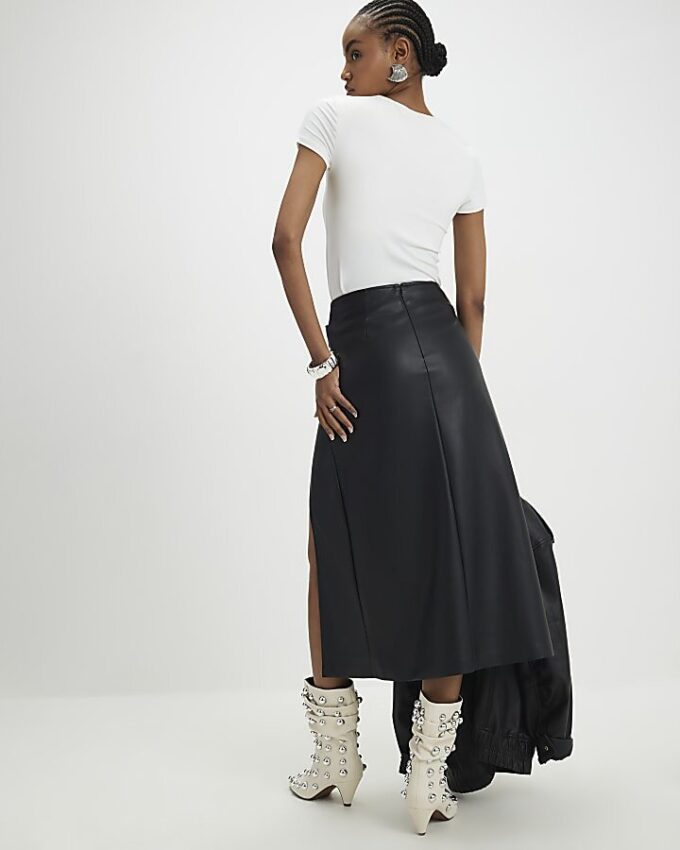 Black Faux Leather Wrap Eyelet Midi Skirt
