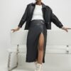 Black Faux Leather Wrap Eyelet Midi Skirt