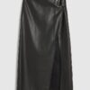 Black Faux Leather Wrap Eyelet Midi Skirt