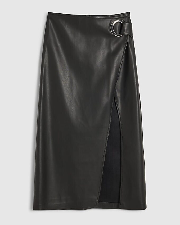 Black Faux Leather Wrap Eyelet Midi Skirt