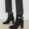 Black Faux Suede Round Heel Buckle Boots