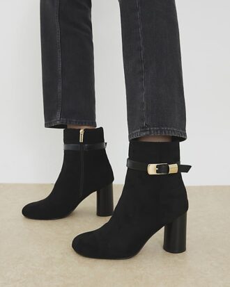 Black Faux Suede Round Heel Buckle Boots