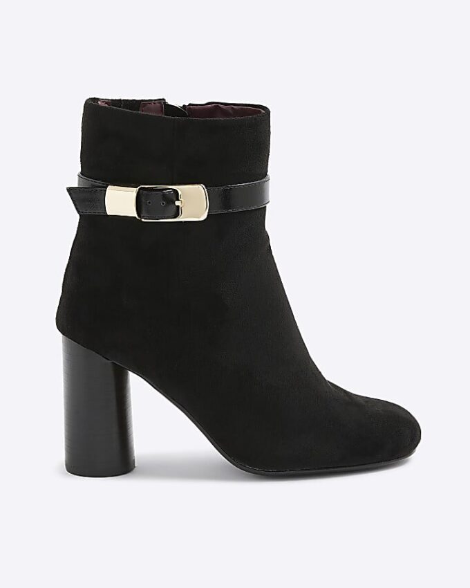 Black Faux Suede Round Heel Buckle Boots