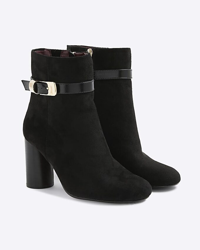 Black Faux Suede Round Heel Buckle Boots