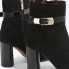 Black Faux Suede Round Heel Buckle Boots