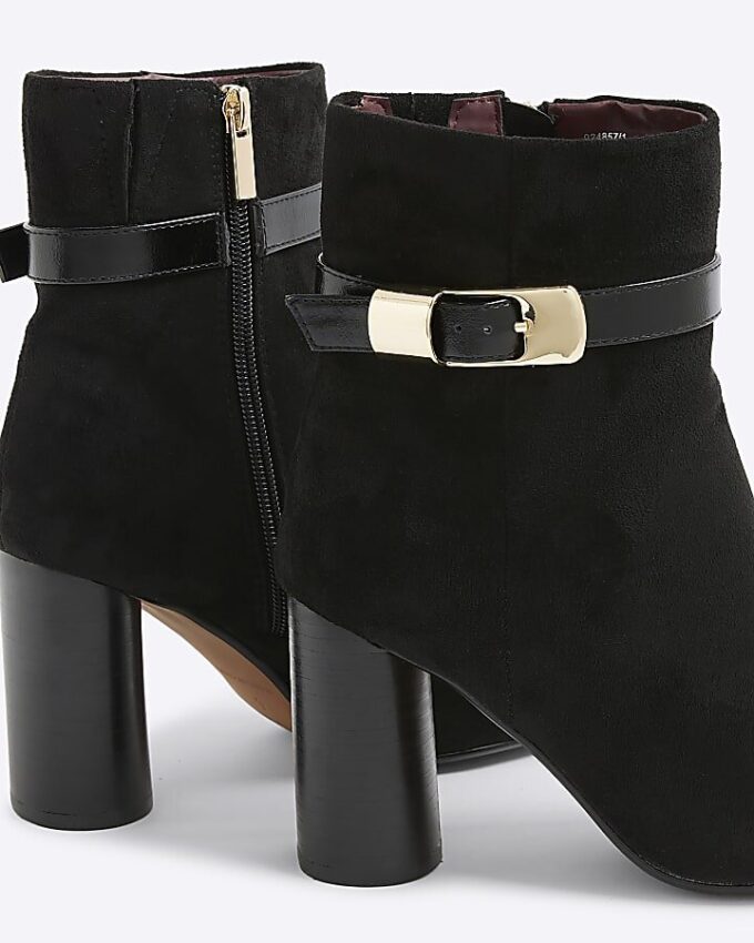 Black Faux Suede Round Heel Buckle Boots