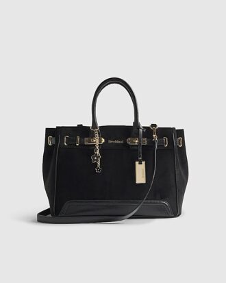 Black Faux Suede Soft Lock Front Tote Bag