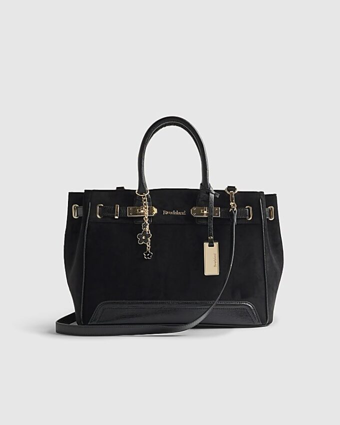Black Faux Suede Soft Lock Front Tote Bag