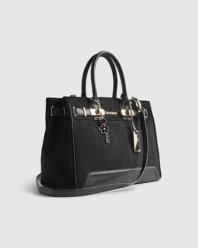 Black Faux Suede Soft Lock Front Tote Bag