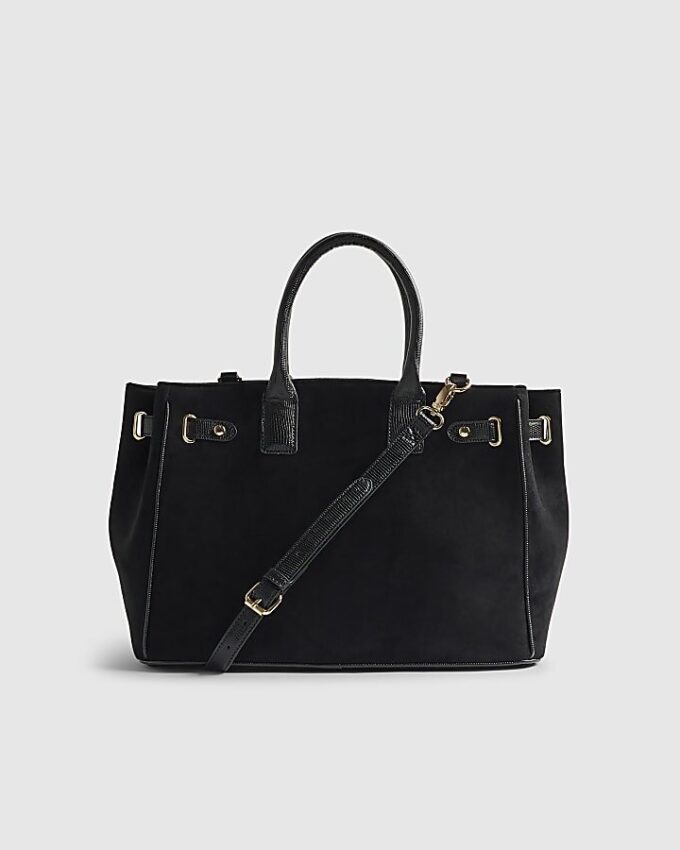 Black Faux Suede Soft Lock Front Tote Bag