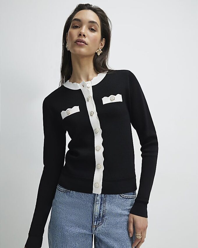 Black Fitted Tipped Neat Cardigan