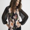 Black Floral Pleated Long Sleeve Top
