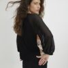 Black Floral Pleated Long Sleeve Top