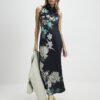 Black Floral Print Lace Trim Slip Dress