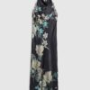 Black Floral Print Lace Trim Slip Dress