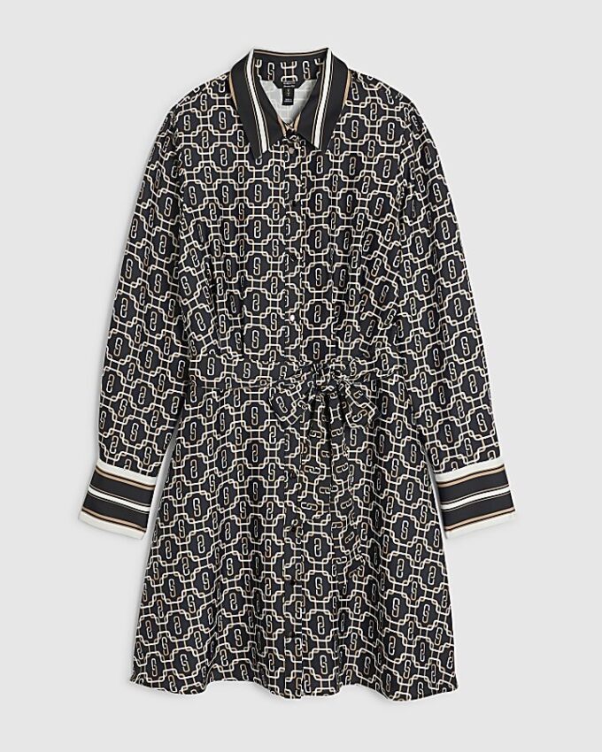 Black Geometric Long Sleeve Mini Shirt Dress