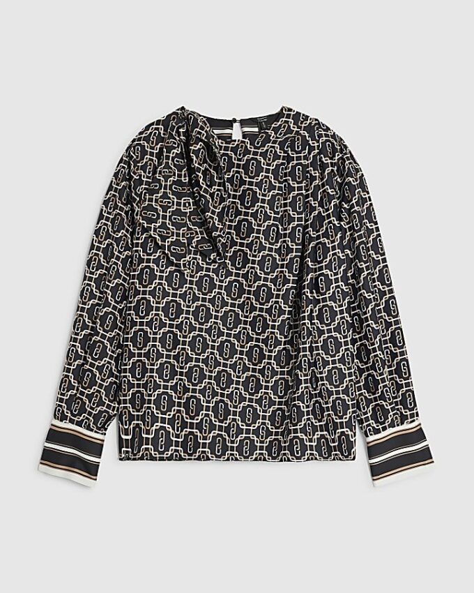 Black Geometric Print Scarf Shirt