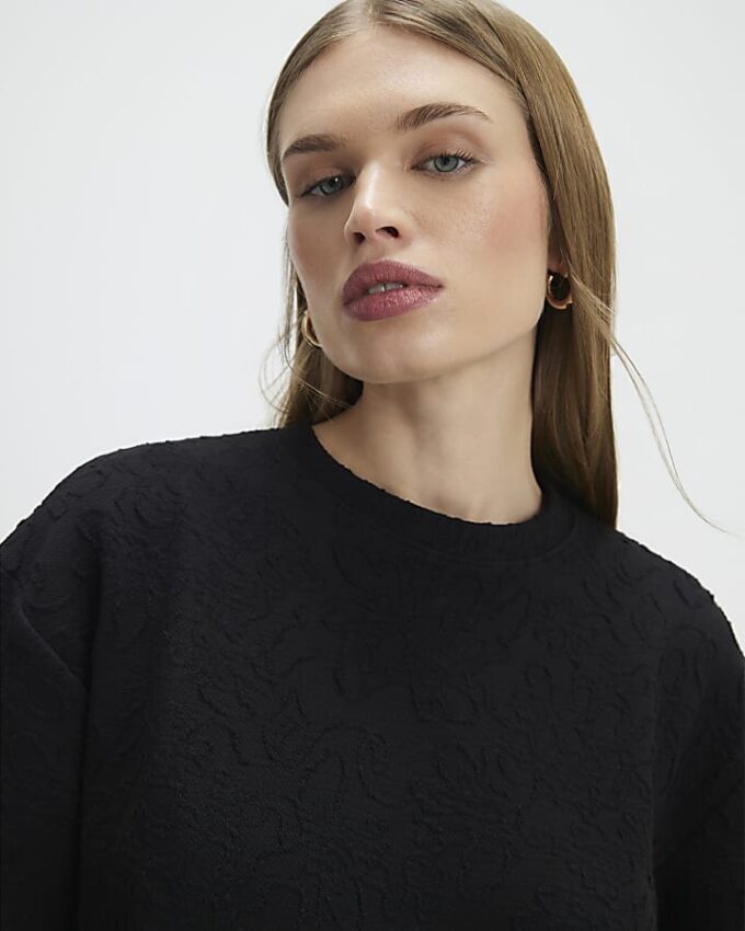 Black Jacquard Short Sleeve Boxy T-shirt
