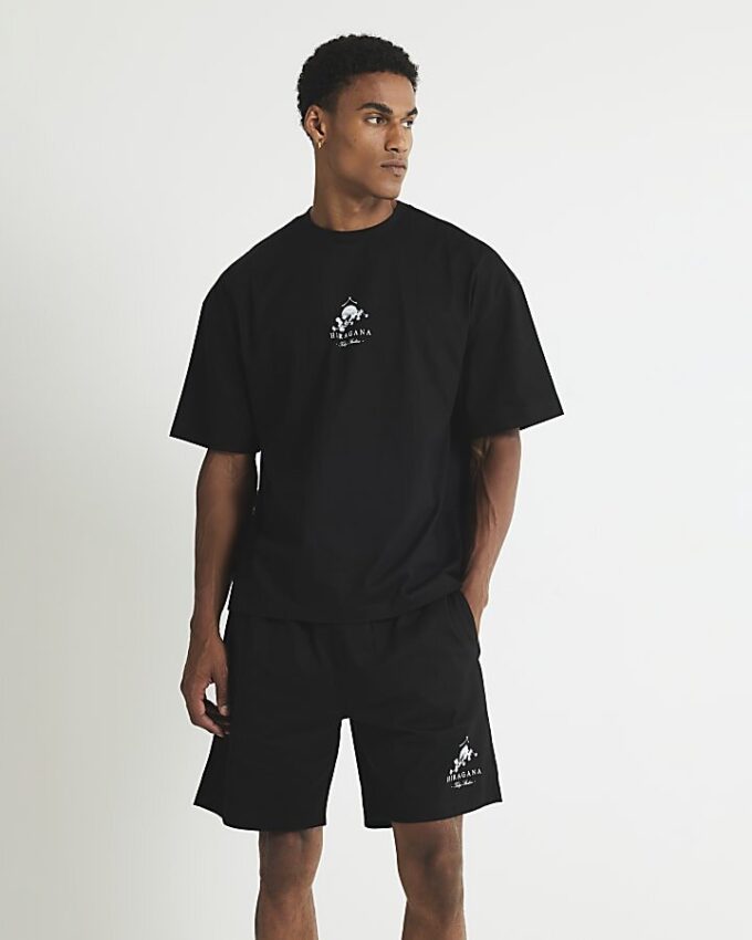 Black Japanese print T-Shirt and Shorts Set