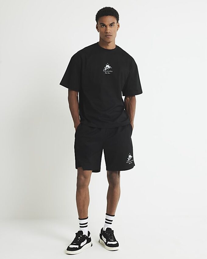 Black Japanese print T-Shirt and Shorts Set