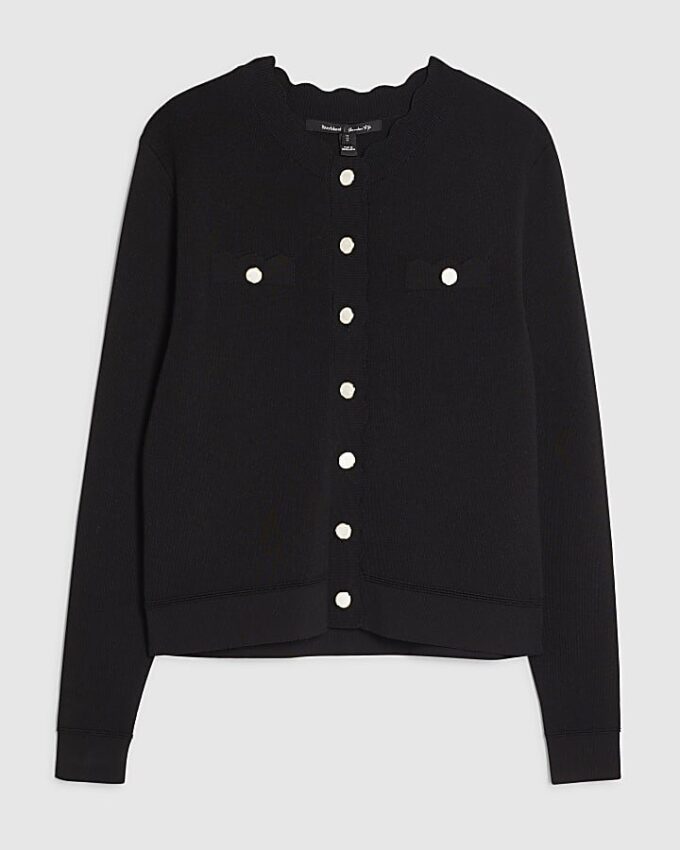 Black Knit Fitted Scallop Trim Cardigan