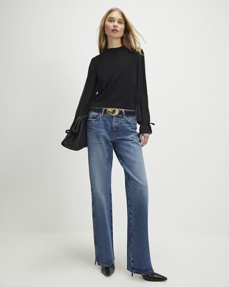 Black Knitted Long Chiffon Sleeve Top