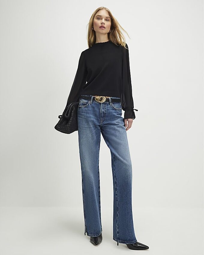 Black Knitted Long Chiffon Sleeve Top