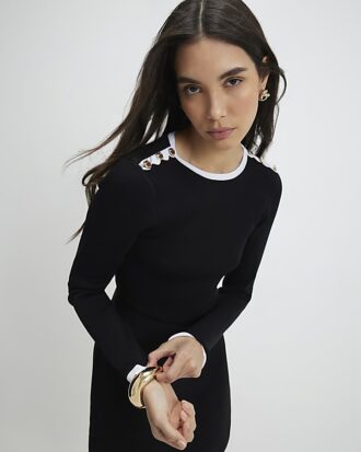 Black Knitted Scallop Tipped Mini Dress