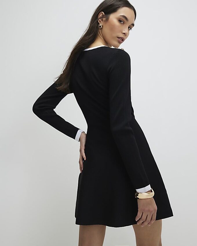Black Knitted Scallop Tipped Mini Dress