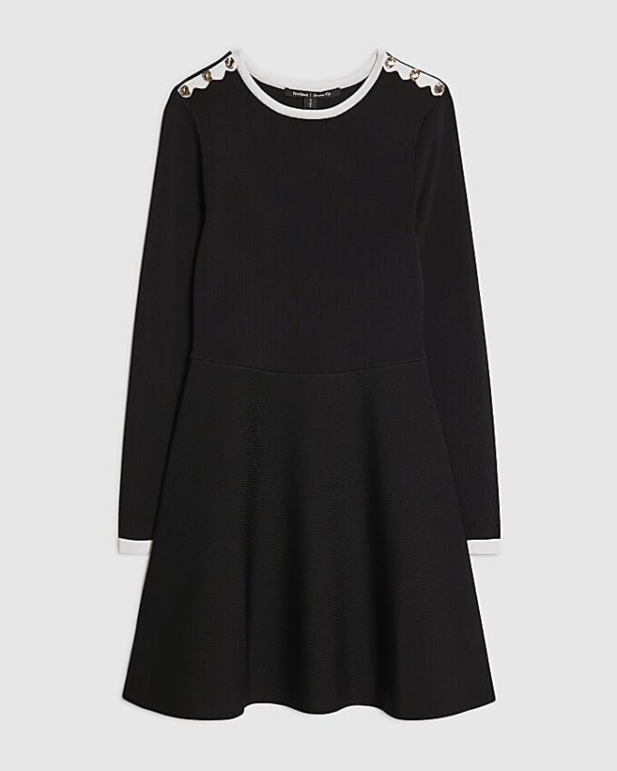 Black Knitted Scallop Tipped Mini Dress