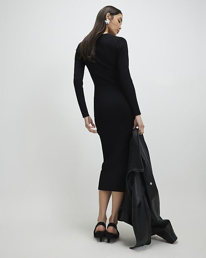 Black Lace Insert Rib Dress