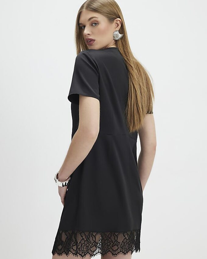 Black Lace Trim Side Twist Mini Dress