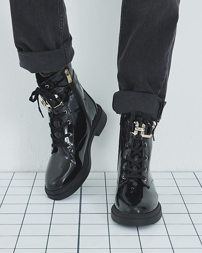 Black Lace Up Buckled Chunky Boots