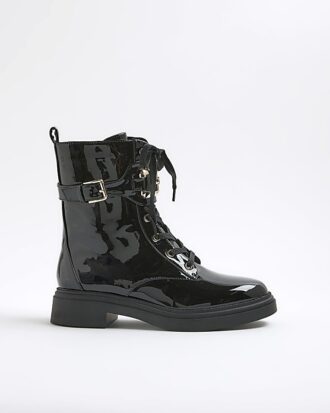 Black Lace Up Buckled Chunky Boots