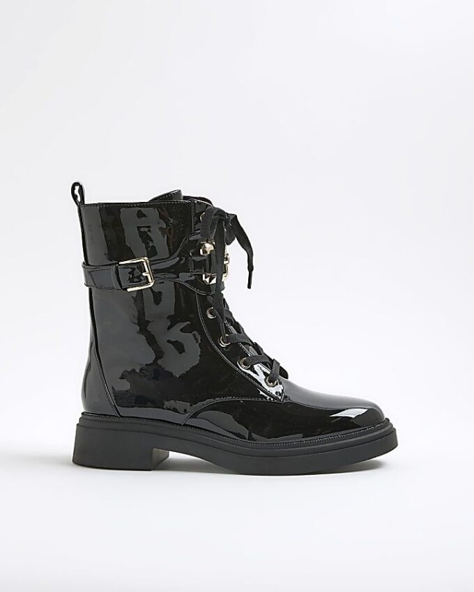 Black Lace Up Buckled Chunky Boots