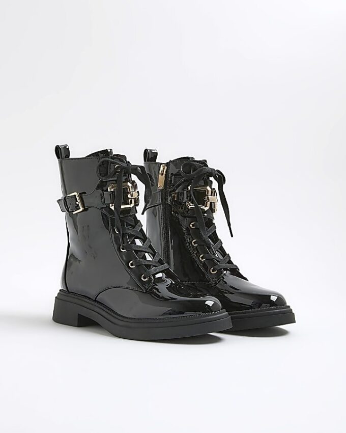 Black Lace Up Buckled Chunky Boots