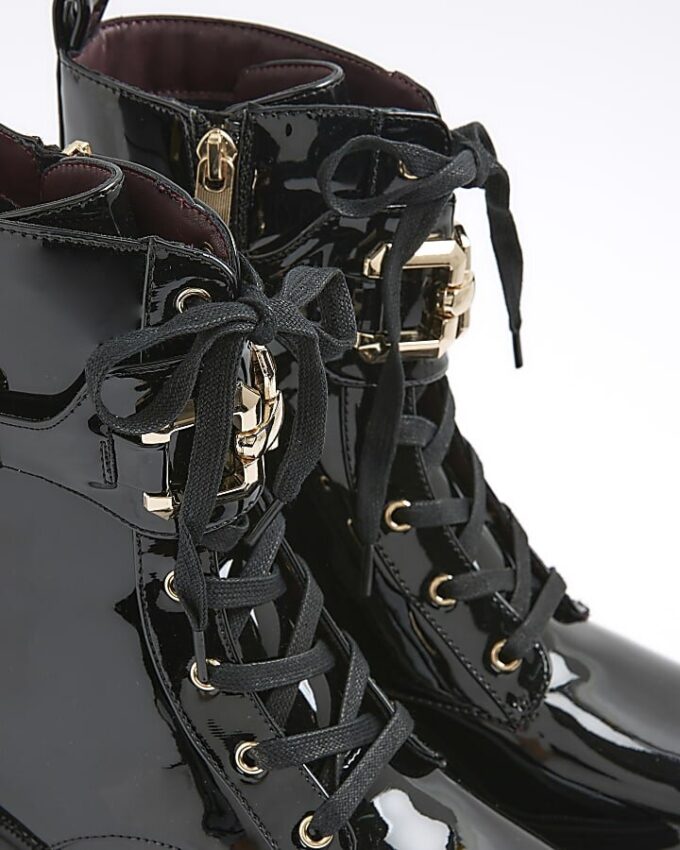 Black Lace Up Buckled Chunky Boots