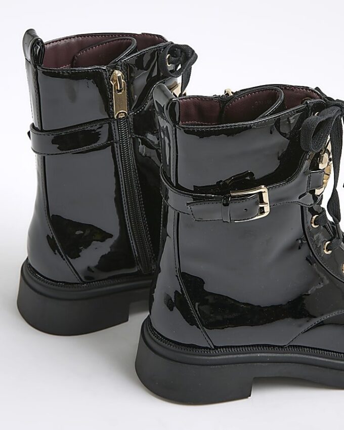Black Lace Up Buckled Chunky Boots