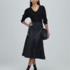 Black Leather A Line Midi Skirt