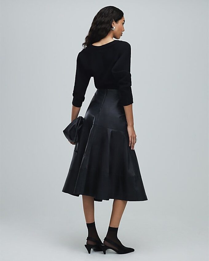Black Leather A Line Midi Skirt