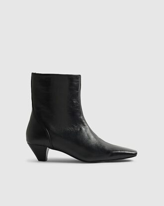 Black Leather Cone Kitten Heel Boots