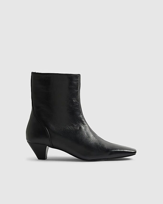 Black Leather Cone Kitten Heel Boots