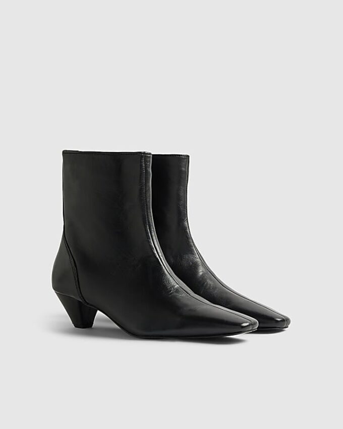 Black Leather Cone Kitten Heel Boots