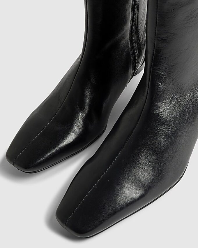 Black Leather Cone Kitten Heel Boots