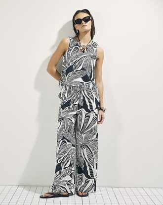 Black Linen Blend Palm Print Tank Top