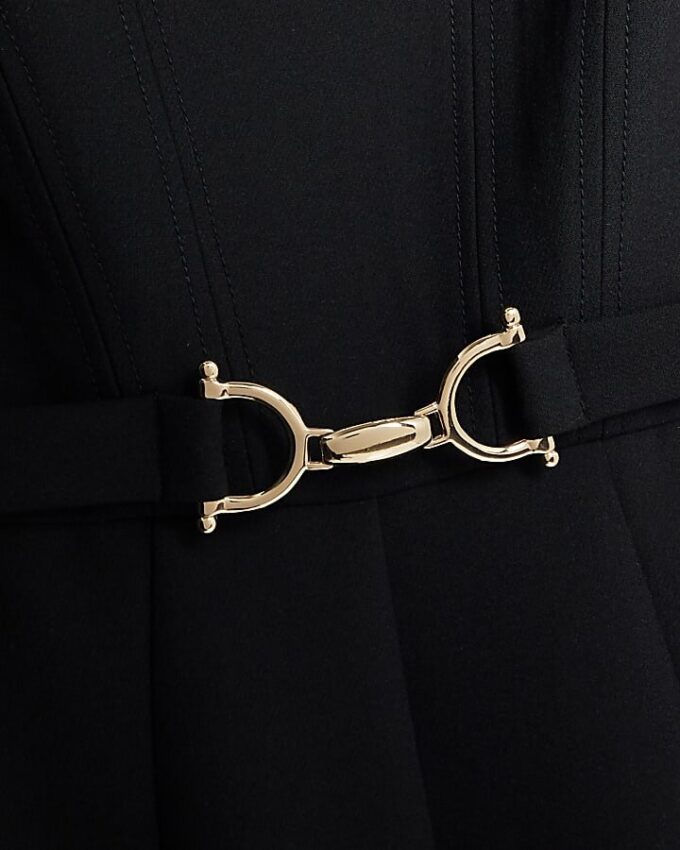 Black Long Sleeve Boat Neck Belted Midi Dress