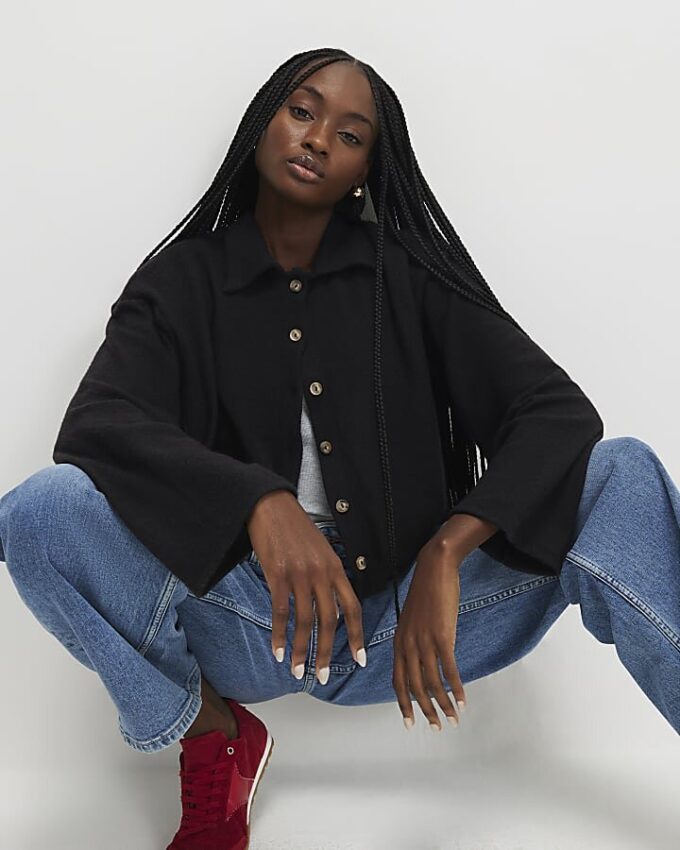 Black Long Sleeve Cosy Bubble Hem Cardigan