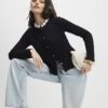 Black Long Sleeve Flower Trim Top